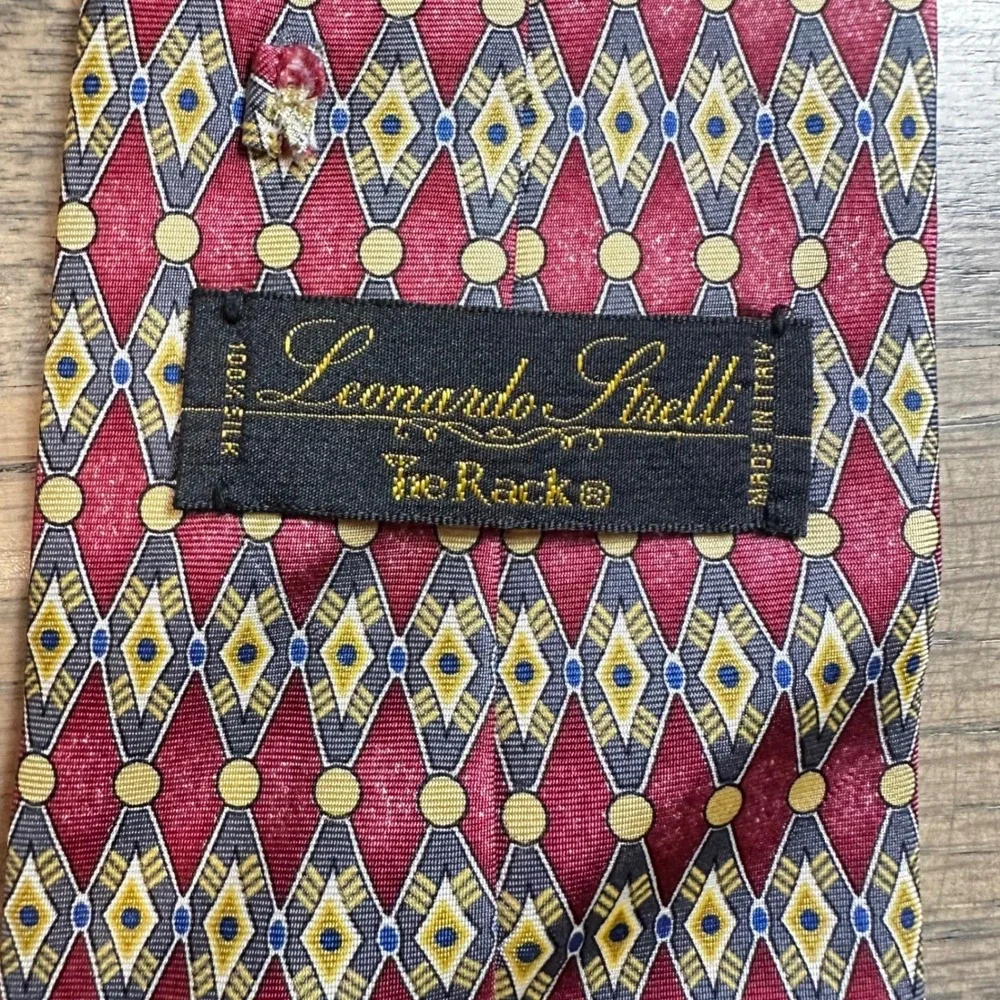 Leonardo Strelli Tie Rack Silk Necktie‎ Diamond Geometric Pattern Italy vtg